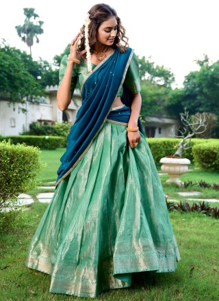 Sea Green Kanchipuram Silk Weaving and Zari Work Lehenga Choli