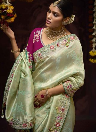 Sea Green Kanjivaram Silk Beads, Embroidered, Weaving and Zari Work Traditional Saree