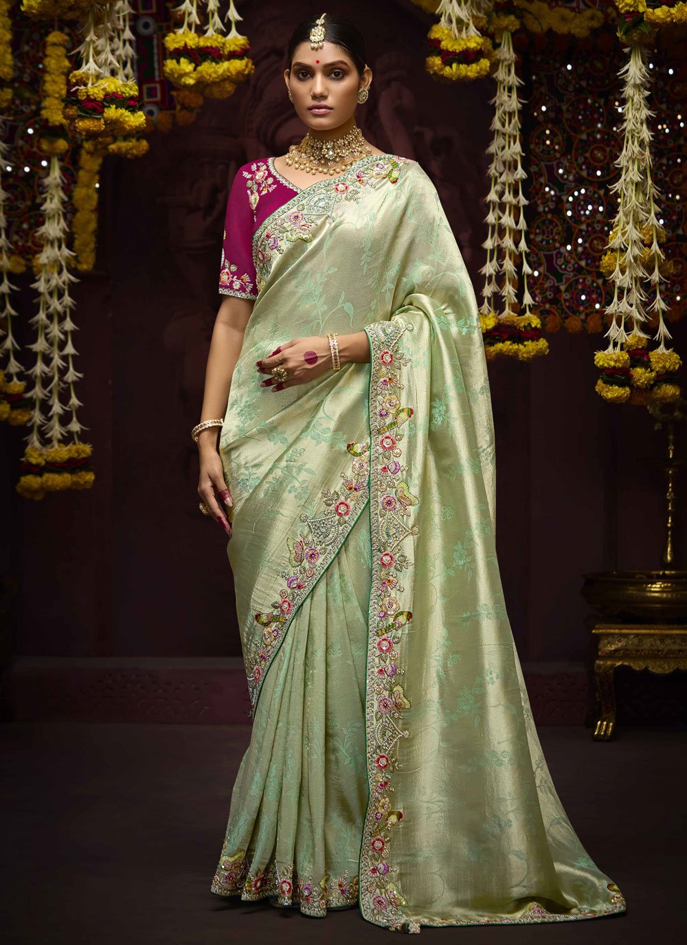 Sea Green Kanjivaram Silk Beads, Embroidered, Weaving and Zari Work  Traditional Saree