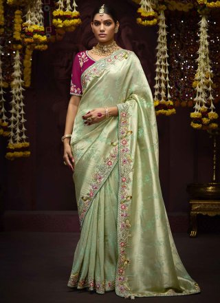 Sea Green Kanjivaram Silk Beads, Embroidered, Weaving and Zari Work Traditional Saree