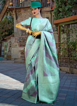 Sea Green Katan Silk Traditional Saree with Weaving Work for Ceremonial