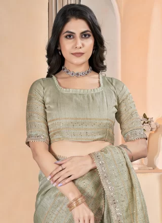 Sea Green Linen Contemporary Saree with Gota Work for Women