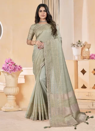 Sea Green Linen Contemporary Saree with Gota Work for Women