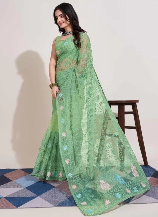 Sea Green Net Contemporary Sari with Embroidered Work