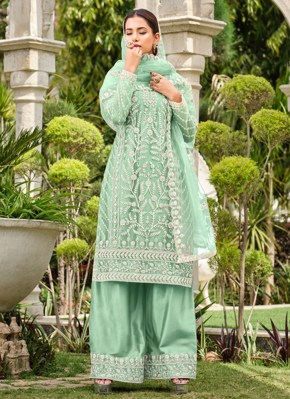 Handmade work sea green colour 2024 soft santoon with cream bottom and seagreen designer dupptta partywear suit