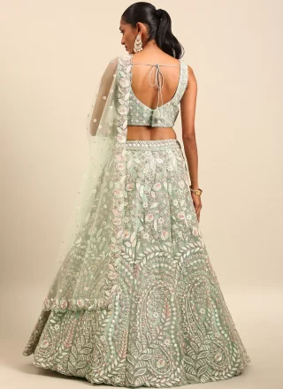 Sea Green Net Cord, Embroidered, Sequins and Thread Work Lehenga Choli for Ceremonial