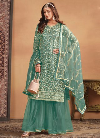 Sea Green Net Embroidered and Sequins Work Trendy Suit