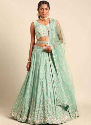 Pastel Green & MultiColor Abstract Print Noodle Strapped Embroidered Lehenga  Set w/ Peach Dupatta – 101 Hues