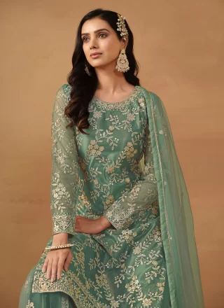 Sea Green Net Palazzo Salwar Suit with Embroidered and Sequins Work