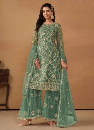 Sea Green Net Palazzo Salwar Suit with Embroidered and Sequins Work