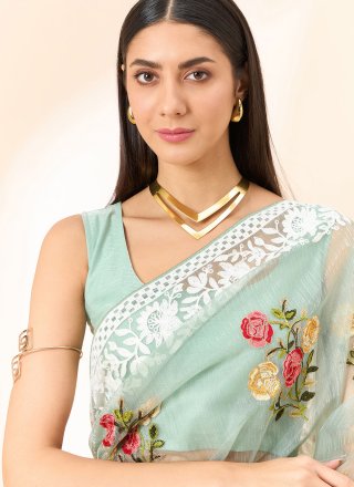 Sea Green Organza Classic Sari with Floral Patch Work for Women
