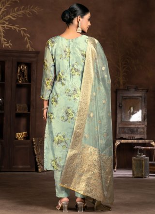 Sea Green Organza Digital Print and Hand Work Pant Style Suit for Women