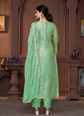 Sea Green Organza Embroidered and Hand Work Pant Style Suit for Women