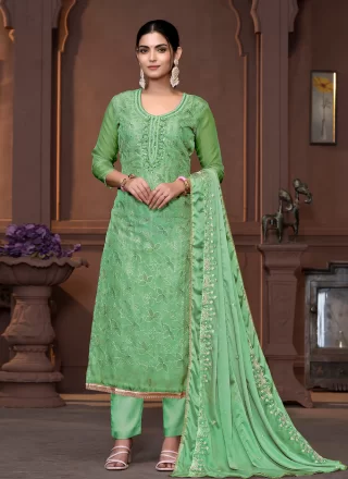 Sea Green Organza Embroidered and Hand Work Pant Style Suit for Women