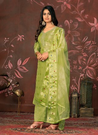 Sea Green Organza Hand and Woven Work Palazzo Salwar Suit for Women