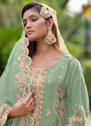 Sea Green Organza Readymade Salwar Suit with Embroidered and Khatli Work