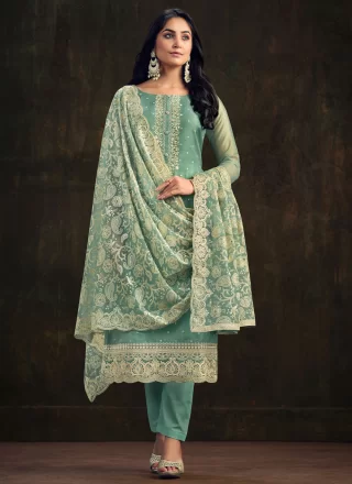 Sea Green Organza Salwar Suit with Embroidered and Swarovski Work for Ceremonial