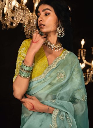 Sea Green Patch Border, Embroidered and Sequins Work Fancy Fabric Contemporary Sari