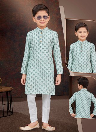 Sea Green Rayon Kurta Pyjama with Digital Print and Machine Embroidery Work