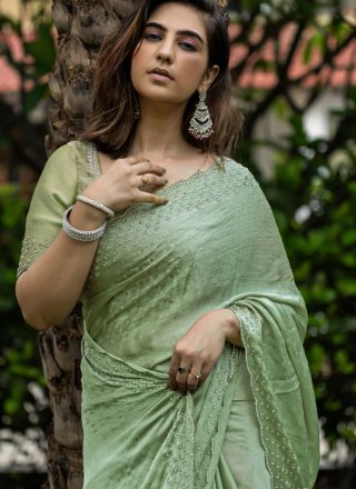 Sea Green Satin Cord and Stone Work Designer Saree