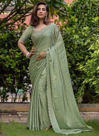Sea Green Satin Cord and Stone Work Designer Saree