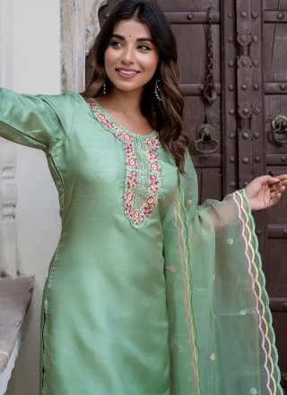 Sea Green Silk Blend Embroidered and Sequins Work Pant Style Suit