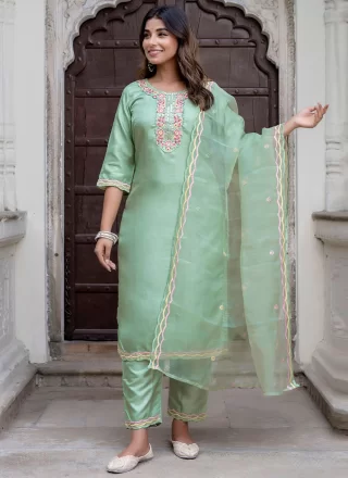 Sea Green Silk Blend Embroidered and Sequins Work Pant Style Suit