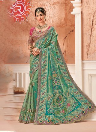 Sea Green Silk Embroidered and Weaving Work Trendy Saree for Party