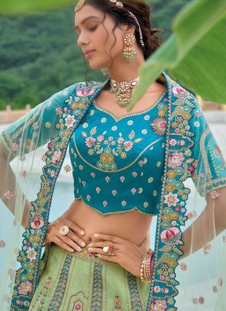 Sea Green Silk Embroidered, Stone and Thread Work Lehenga Choli