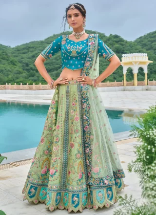 Sea Green Silk Embroidered, Stone and Thread Work Lehenga Choli