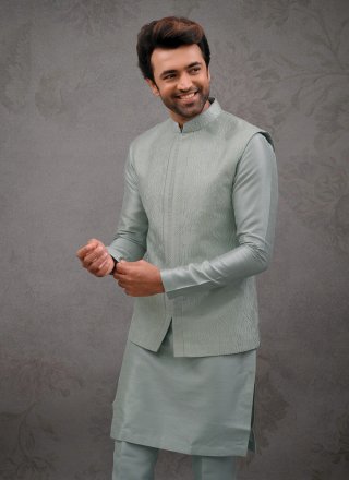 Sea Green Silk Kurta Payjama with Jacket with Embroidered Work for Men
