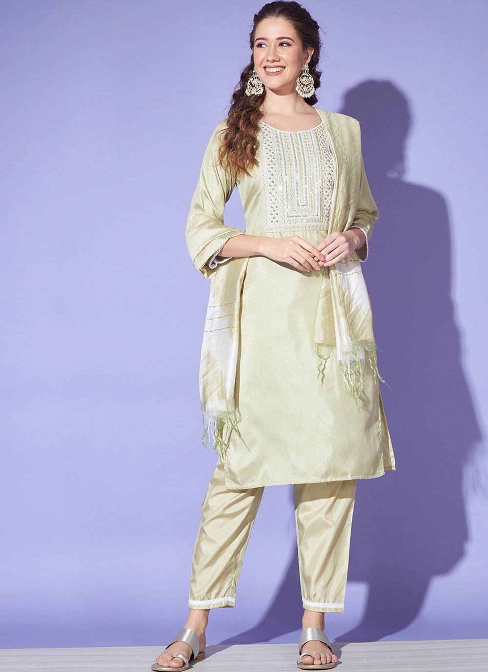 Green Casual Wear Embroidered Cotton Kurti Pant Set