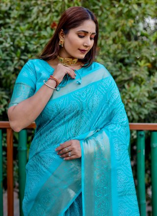 Sea Green Silk Patch Border, Digital Print and Woven Work Trendy Saree