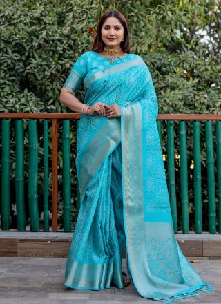 Sea Green Silk Patch Border, Digital Print and Woven Work Trendy Saree