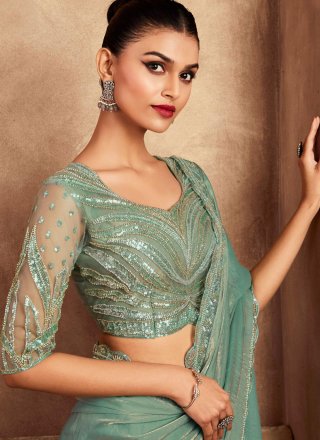 Sea Green Silk Patch Border, Embroidered and Sequins Work Trendy Saree for Engagement