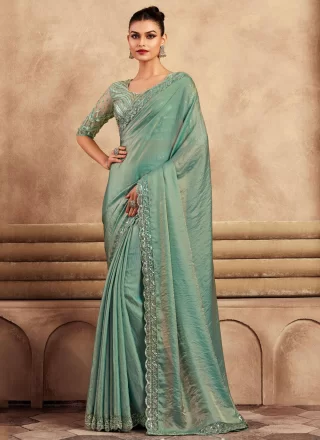 Sea Green Silk Patch Border, Embroidered and Sequins Work Trendy Saree for Engagement