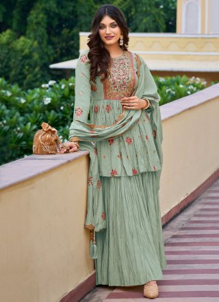 Sea Green Silk Salwar Suit with Embroidered and Resham Work for Ceremonial