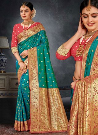 Festive Wear Designer Silk Green Color Bordered Saree With Matching Blouse