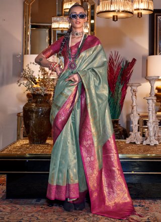 Sea Green Tissue Weaving and Zari Work Traditional Saree