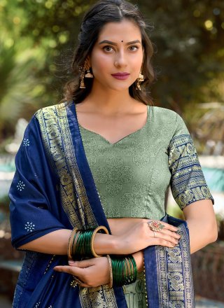 Sea Green Tussar Silk Lehenga Choli with Foil Print Work