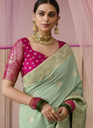 Sea Green Viscose Floral Patch and Weaving Work Traditional Saree for Women
