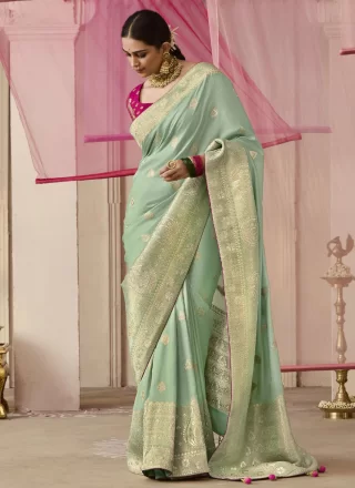 Sea Green Viscose Floral Patch and Weaving Work Traditional Saree for Women
