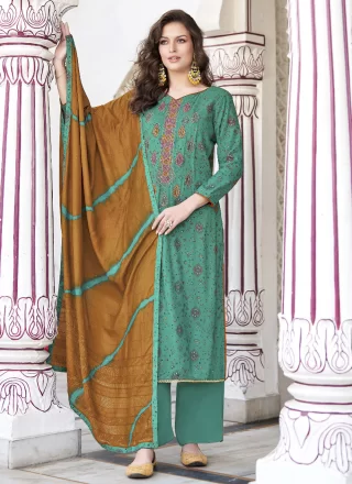 Sea Green Viscose Trendy Suit with Embroidered Work for Casual