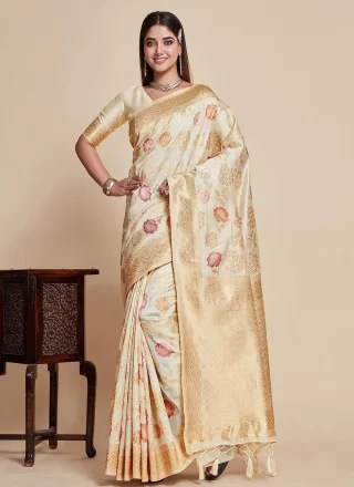 Sensational Cream and Off White Kanjivaram Silk Contemporary Saree