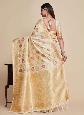 Sensational Cream and Off White Kanjivaram Silk Contemporary Saree