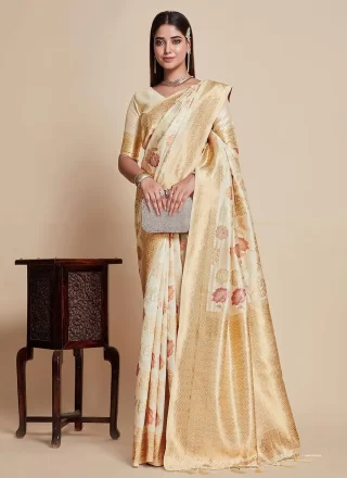 Sensational Cream and Off White Kanjivaram Silk Contemporary Saree