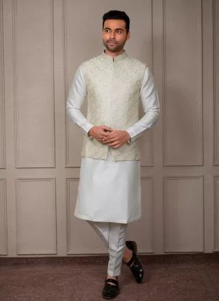 Sensible White Silk Kurta Payjama with Jacket with Embroidered Work