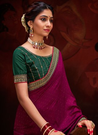 Sequins and Swarovski Work Vichitra Silk Contemporary Sari In Wine