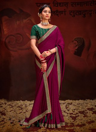 Sequins and Swarovski Work Vichitra Silk Contemporary Sari In Wine