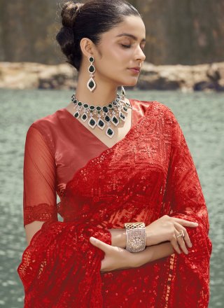 Sequins and Thread Work Net Classic Saree In Red